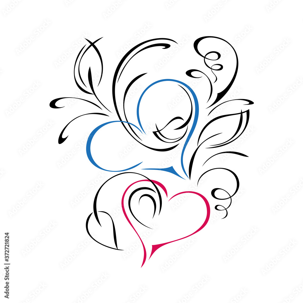 hearts 56. colored hearts with leaves and curls on a white background hearts 56. colored hearts with leaves and curls on a white background