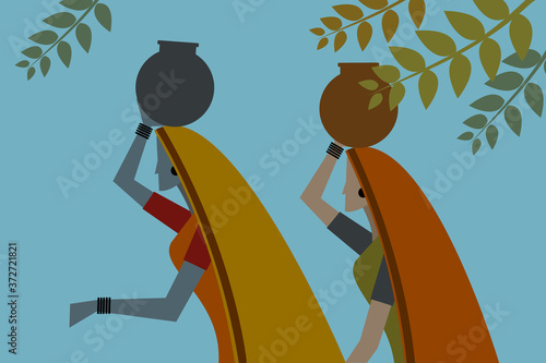 Canvas-taulu Rural Indian women carrying water in pots