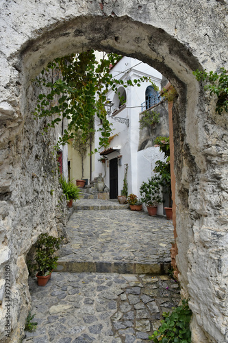 A narrow street among the old houses of Scalea  a rural village in the Calabria region.