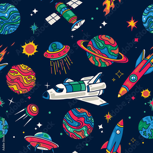 Colorful Spaceship in Galaxy seamless pattern. Background wallpaper