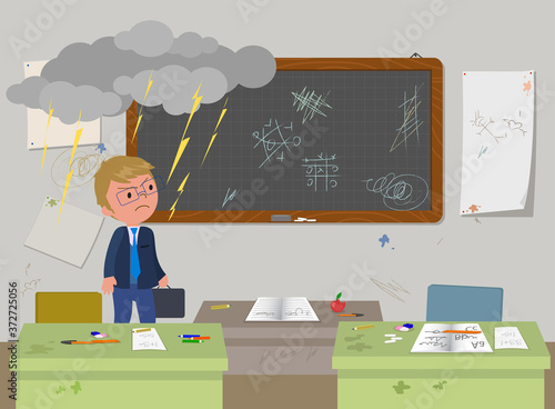 Dirty school classroom and angry teacher vector illustration