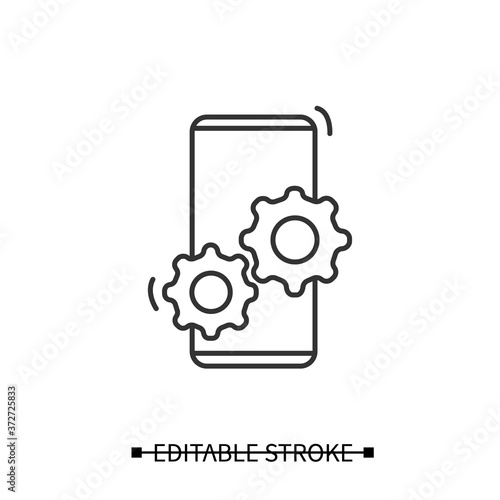 Mobile phone seo icon. Smartphone with gears, linear pictogram. Concept of web site content optimization for portable devices.Editable stroke vector illustration for digital marketing service and ui 