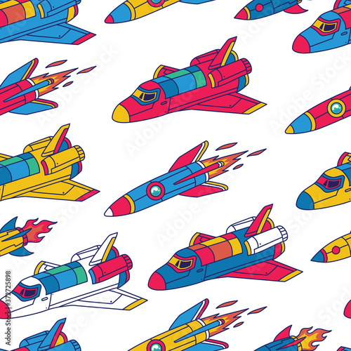 Colorful Spaceship in Galaxy seamless pattern. Background wallpaper