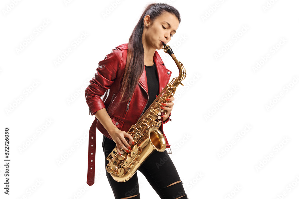 Ταπετσαρία Young female saxophonist in a red leather jacket playing jazz music