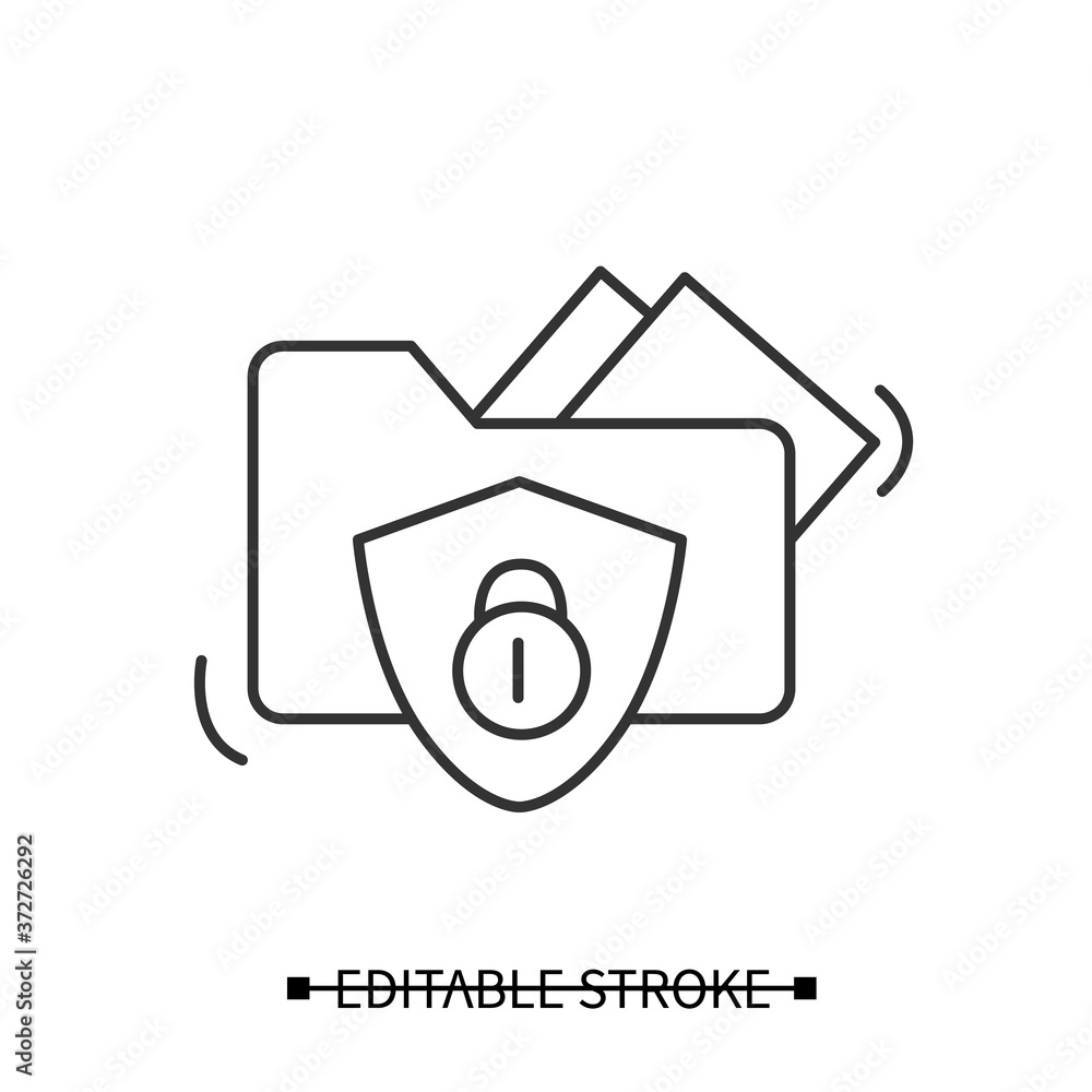 Data protection icon. linear pictogram of private document folder with shield and lock. Concept of user private information security. Editable stroke vector illustration for web service and ui Data protection icon. linear pictogram of private document folder with shield and lock. Concept of user private information security. Editable stroke vector illustration for web service and ui