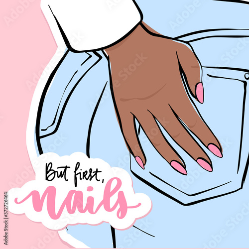 But first nails lettering. Girl or young woman holds hands on jeans pockets with nude nail polish.