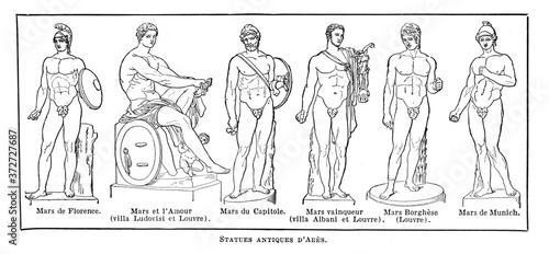 Statues of Mars de Florence, du Capitole, du Munich / Antique engraved illustration from from La Rousse XX Sciele 