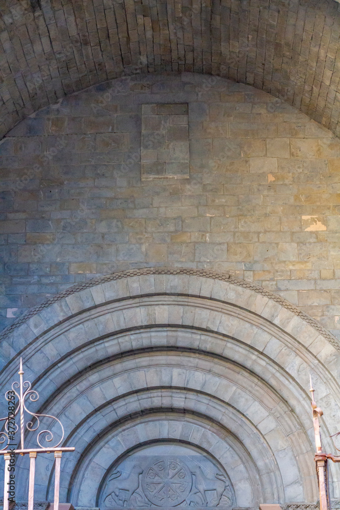 Exterior of the Cathedral of Jaca. Romanesque doorway