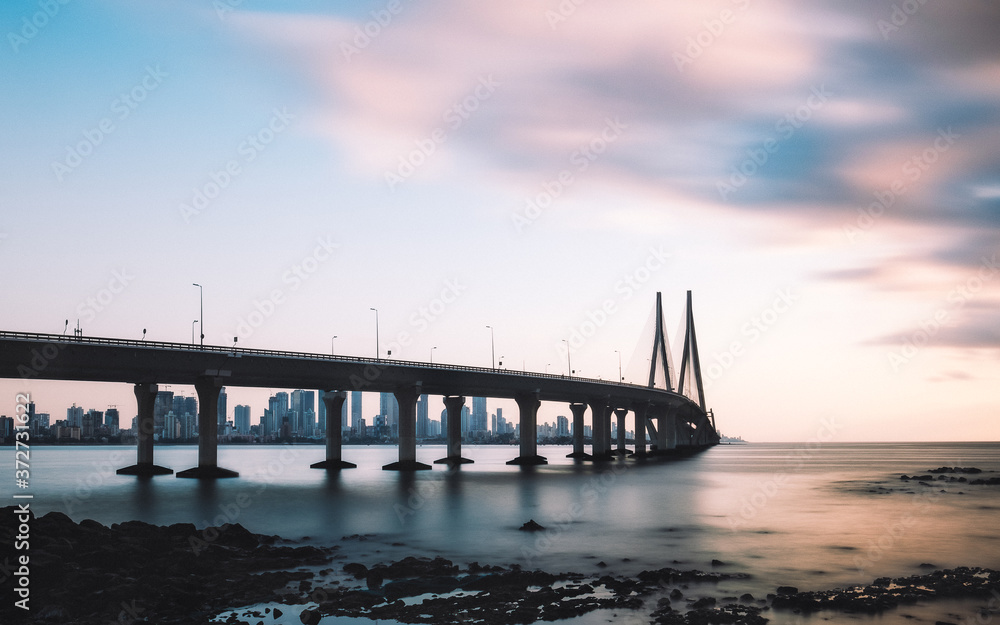 Sea link bridge and Mumbai skyline at sunset Sea link bridge and Mumbai skyline at sunset