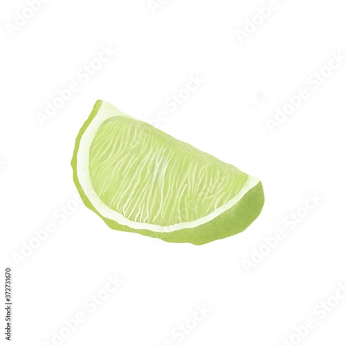 Vegetarian and raw food concept. Colorful card for print or web design with realistic wedge of lime. Isolated on white background