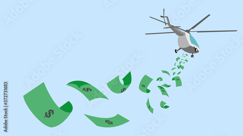 Helicopter money or helicopter drop. A stimulus economic policy in crisis. A helicopter with money fall from it. Vector illustration, flat design