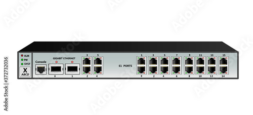 E1 multiplexer switch for Ethernet streams and packets. Has 2 SFP ports, 4 Ethernet ports (RJ45), 16 E1 ports (RJ45) on a white background. Vector illustration.
