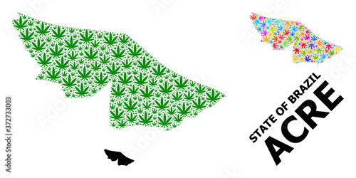 Vector Collage Map of Acre State of Bright and Green Cannabis Leaves and Solid Map