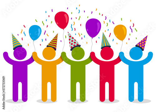 Celebrating people vector concept simple illustration or icon, celebration anniversary or holiday fun, group of cheerful happy people having fun at party.