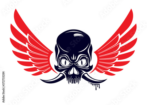 Devil sign horned skull vector illustration classic style tattoo, dead scull with animal horns wings and snake.