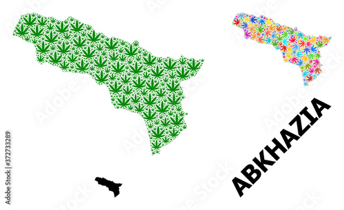 Vector Collage Map of Abkhazia of Bright and Green Cannabis Leaves and Solid Map