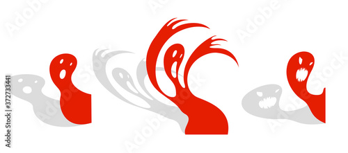 Nightmare monster comes into dark room bedroom vector stylish illustration, funny cartoon ghost creature frightening looking inside, horror theme drawing.