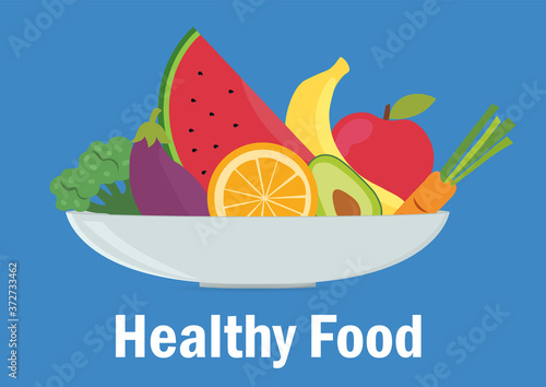 Healthy food concept with bowl of assorted colourful fresh summer fruit and vegetables above text, colored vector illustration