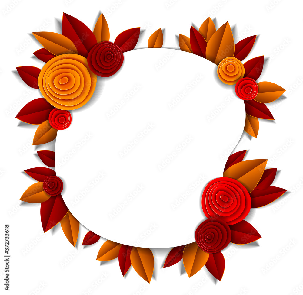 Background with flowers and autumn leaves paper cut style, copy space for text, vector fall floral illustration. Wedding invitation or romantic greeting card. Background with flowers and autumn leaves paper cut style, copy space for text, vector fall floral illustration. Wedding invitation or romantic greeting card.