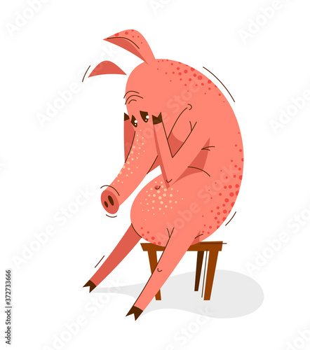 Funny cartoon pig upset and...