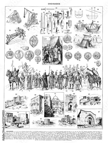 Collage of Crusades with different crusaders historical.  with text. / Antique engraved illustration from from La Rousse XX Sciele  photo