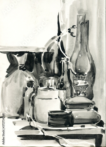 Watercolor monochrome still life with old kerosene lamp and kitchen utensils