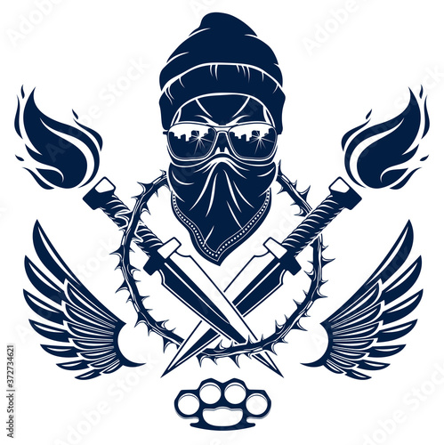 Revolution and Riot wicked emblem or logo with aggressive skull, weapons and different design elements , vector tattoo, anarchy and chaos, rebel partisan and revolutionary.