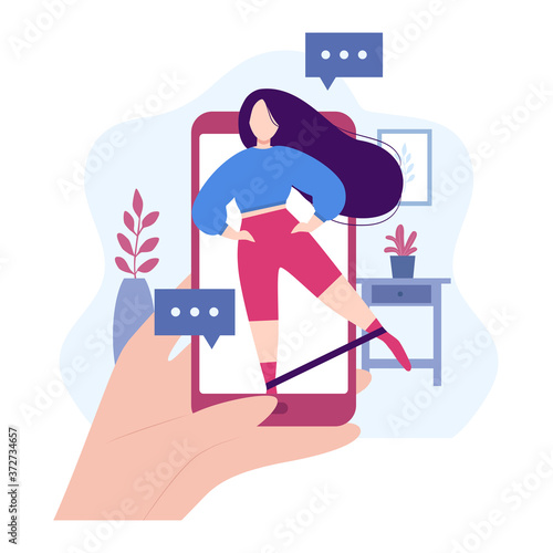 Online workout. Stay at home concept. Fitness by internet with instructor. Girl shows leg swing exercise with elastic band. Sports training by mobile app. Healthy lifestyle. Vector illustration