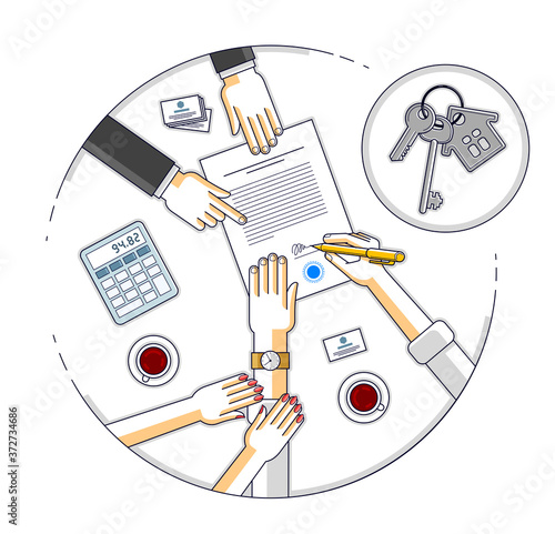 Husband signs bank mortgage hypothec for real property house buying and his wife helps him to dare to make a decision and employee explains terms of loan, top view people hands and paper. Vector.