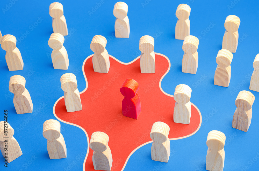 Obraz premium Red man spreads his influence over people around him. Unite people on a new idea. Employee toxicity. Collaboration, cooperation. Recruiting followers. Influencer manipulator, intriguer.
