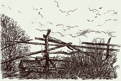 Freehand drawing of village landscape with wooden fence and rural houses