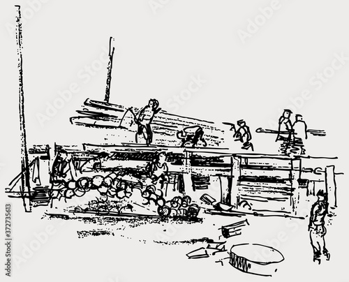 Sketch of  team workers on  construction of wooden house