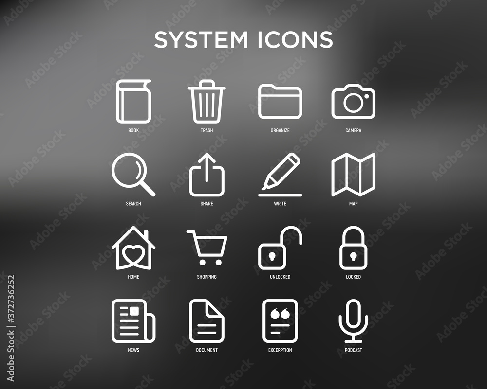 System icons set: book, trash, camera, file, search, share, map, news, shopping, add document, locked, unlocked. Minimal thin line icons. Vector illustration. System icons set: book, trash, camera, file, search, share, map, news, shopping, add document, locked, unlocked. Minimal thin line icons. Vector illustration.