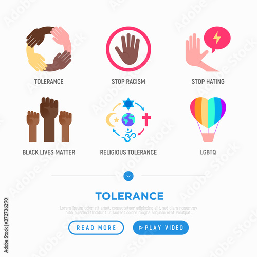 Tolerance flat icons set: stop racism, black lives matter, protest, human rights, LGBTQ, stop hating, religious tolerance. Vector illustration.