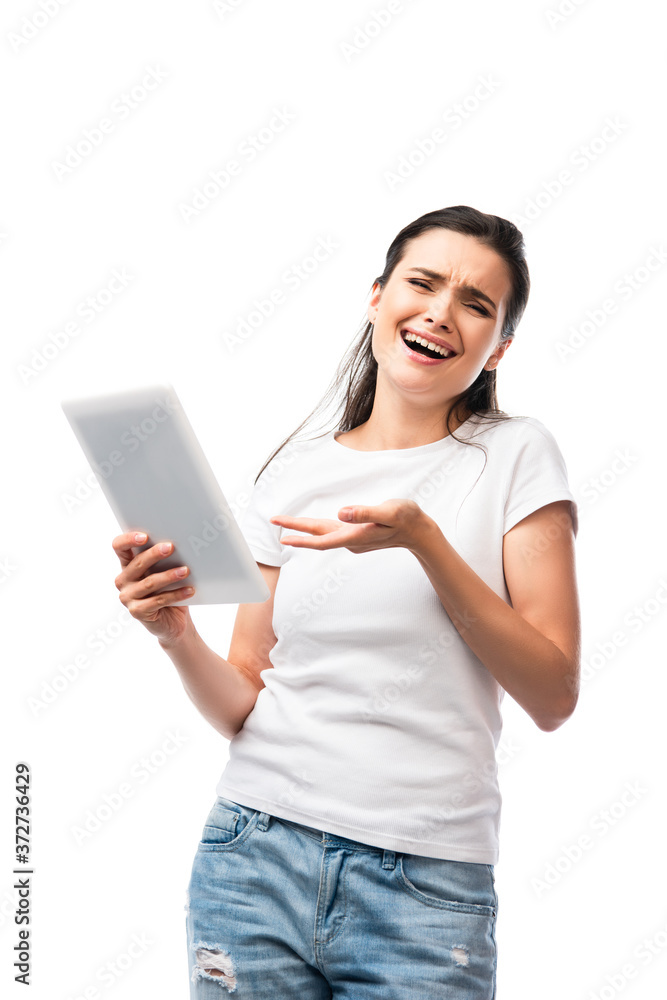 skeptical woman in white t-shirt pointing with hand at digital tablet isolated on white skeptical woman in white t-shirt pointing with hand at digital tablet isolated on white