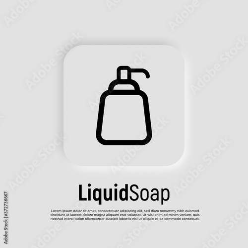 Dispenser for gel or foam soap thin line icon. Bottle with pump. Modern vector illustration of bathroom equipment.