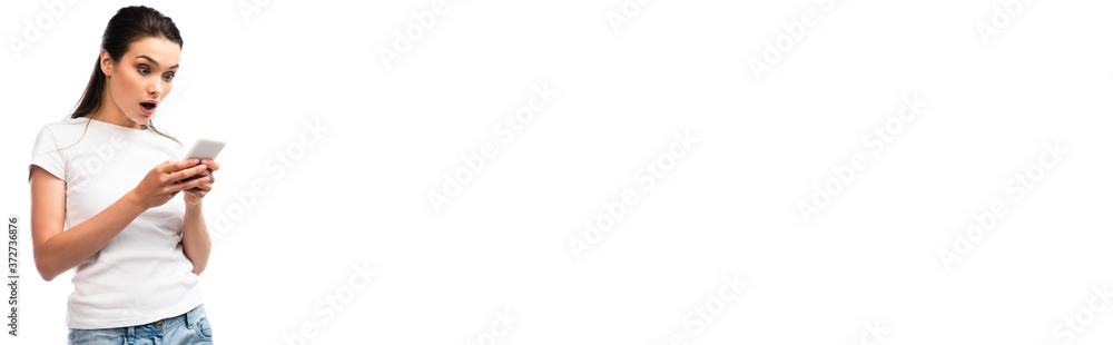 horizontal image of brunette woman in white t-shirt using smartphone isolated on white horizontal image of brunette woman in white t-shirt using smartphone isolated on white
