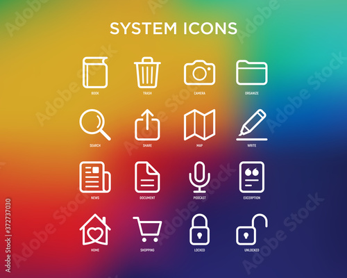 System icons set: book, trash, camera, file, search, share, map, news, shopping, add document, locked, unlocked. Minimal thin line icons. Vector illustration.
