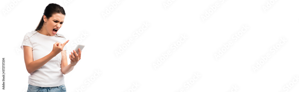 panoramic shot of woman screaming and showing middle finger while holding smartphone isolated on white panoramic shot of woman screaming and showing middle finger while holding smartphone isolated on white