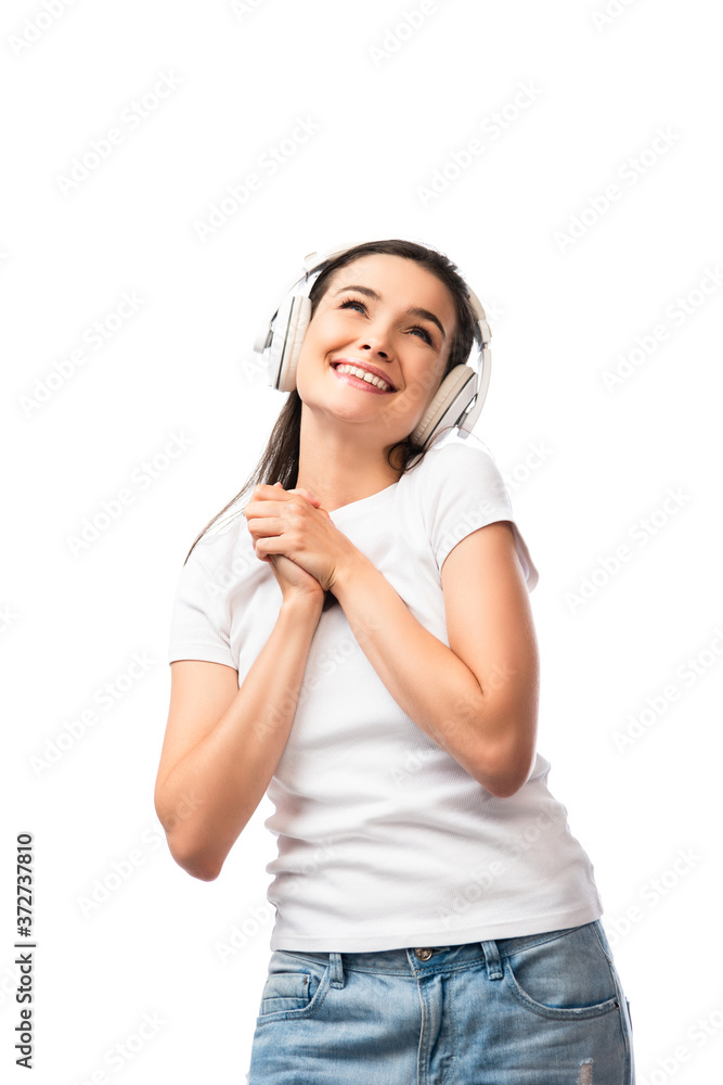 young woman in white t-shirt and wireless headphones isolated on white young woman in white t-shirt and wireless headphones isolated on white