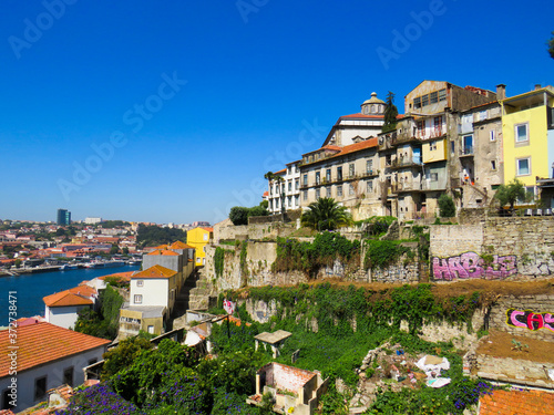 Porto, Portugal - July 18, 2019: View of some buildings near Douro river.