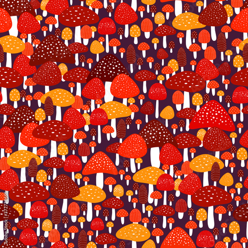 Amazing colorful forest meadow with amanita seamless pattern.