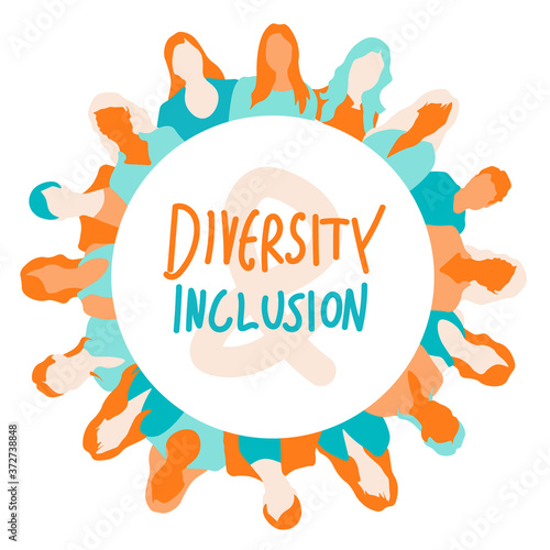 Diversity and inclusion concept illustration with people portraits surrounding the white circle. 