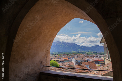 view through the arch of the city of Thun in Switzerland