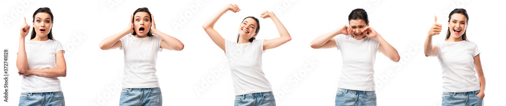 collage of woman having idea, crying, showing thumb up and standing with hand in pocket isolated on white collage of woman having idea, crying, showing thumb up and standing with hand in pocket isolated on white