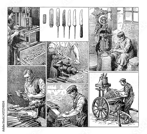 Valokuva Knife sharpening Collage / Antique engraved illustration from from La Rousse XX