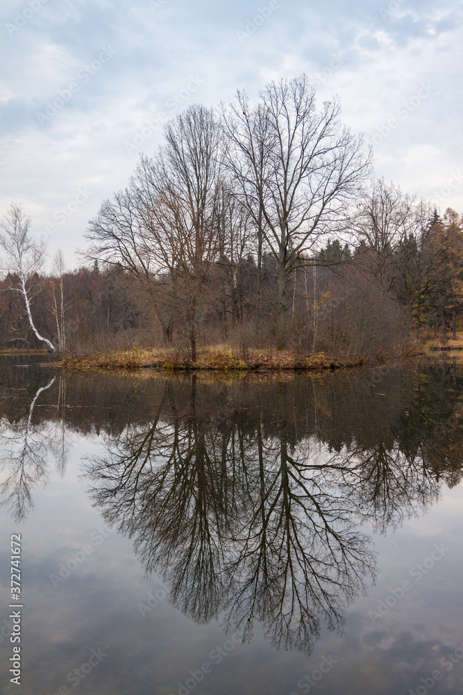 Barsky pond near Serednikovo manor in the suburbs Moscow, sad autumn landscape