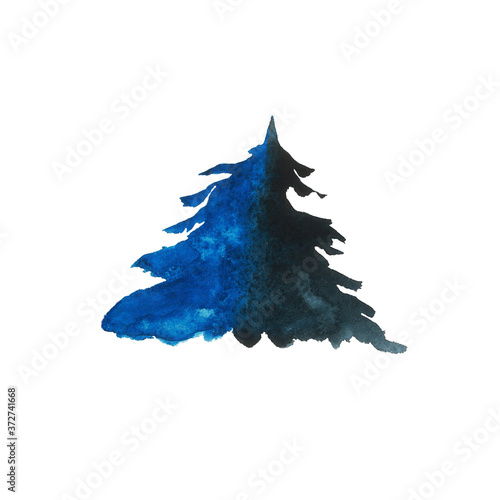 Blue winter lush spruce isolated on white background. Watercolor hand drawn illustration. Pine or fire tree or cedar with splash, stains. Art for logo, label, greeting card, print.