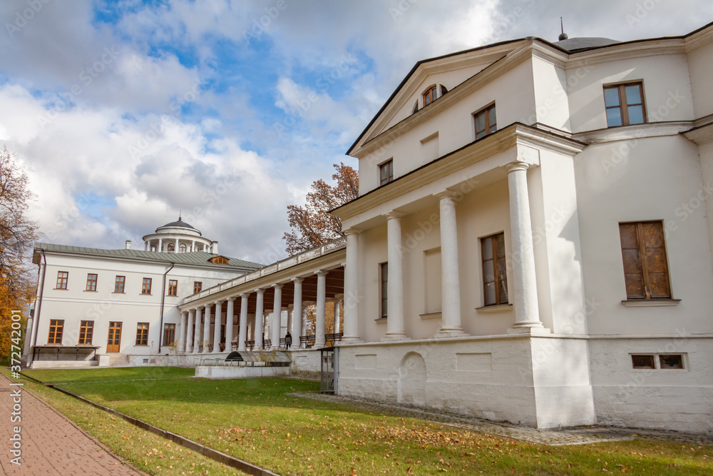 Manor Ostafievo in the suburbs of Moscow in autumn. The building is built in the architectural style classicism