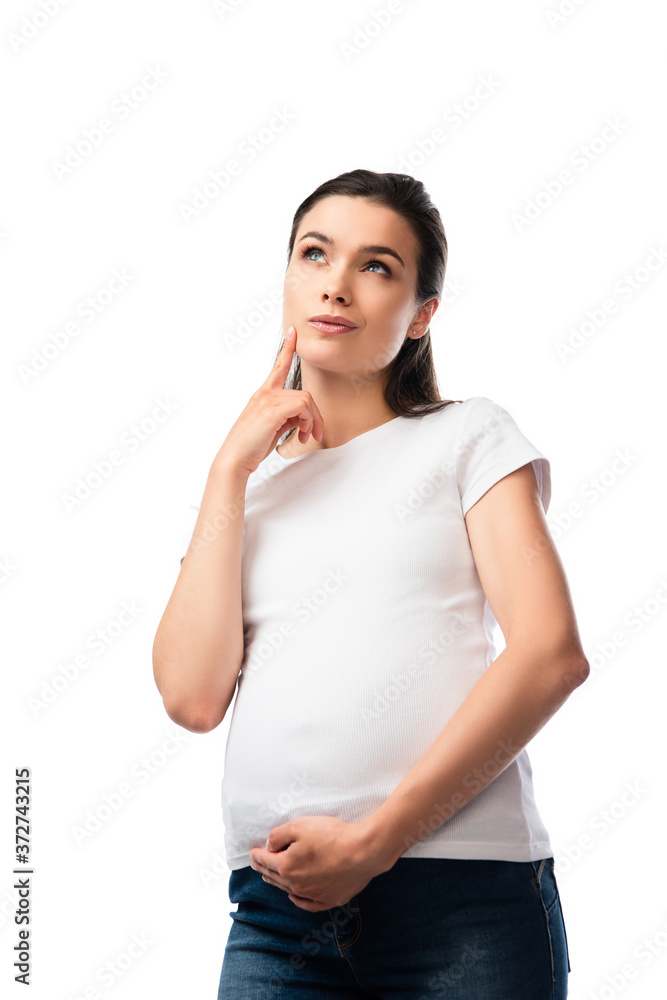 pensive pregnant woman in white t-shirt looking away isolated on white pensive pregnant woman in white t-shirt looking away isolated on white